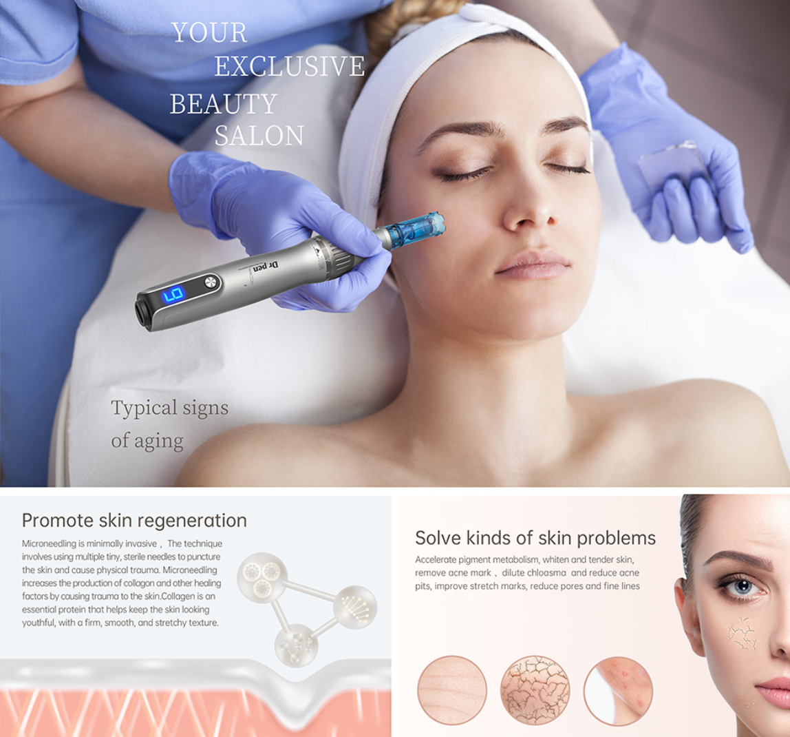 Luxurious Dr. Pen M8s microneedling pen in an exclusive salon,rejuvenating skin by reducing wrinkles,scars,and stretch marks with safe,innovative therapy.