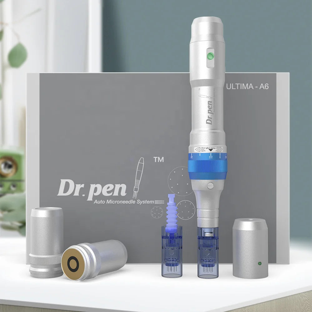 Dr. Pen microneedling device with full set of accessories, offering salon-quality results at home. Save up to $4,800 yearly, with visible improvements in scars, wrinkles, stretch marks, and hair growth in just 3–6 treatments. Safe for all skin types with three-lock needle system.