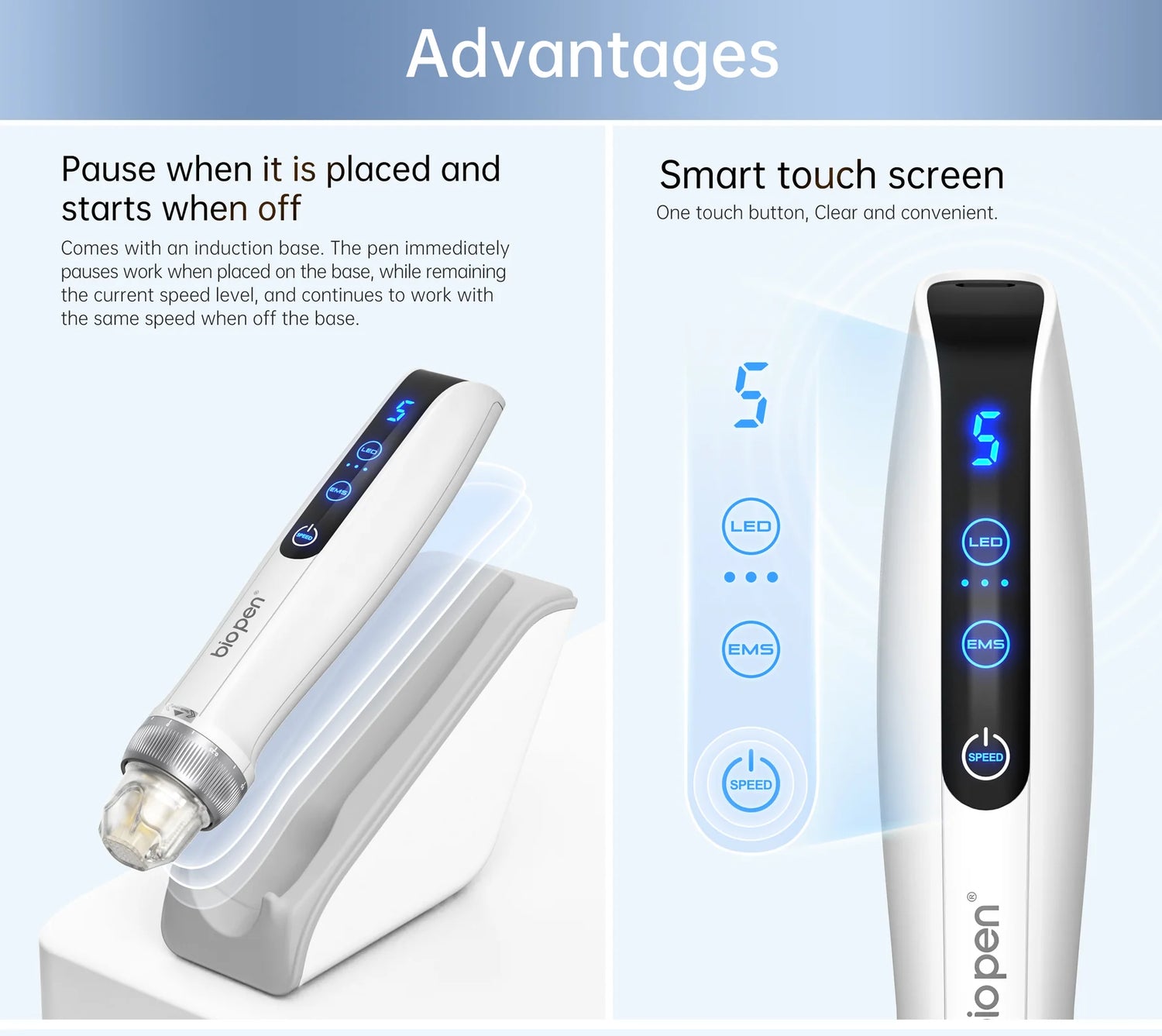 bioPEN Q2 Auto MTS Electroporation device on a white charging base,featuring microneedling,EMS,and LED skin care technology for fading acne scars,boosting glow,and enhancing serum absorption in beauty salons or home use.