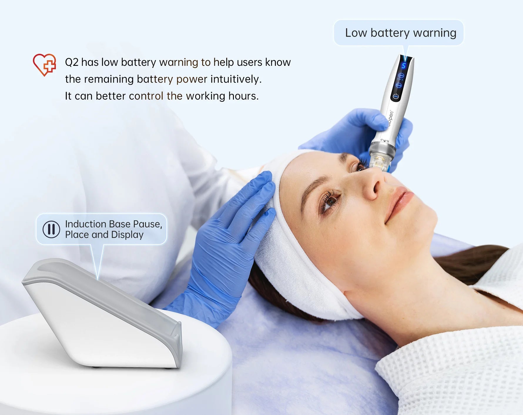 bio PEN Q2 four-in-one skin care with microneedling,EMS electroporation,blue light,and red light for repair and collagen boost.