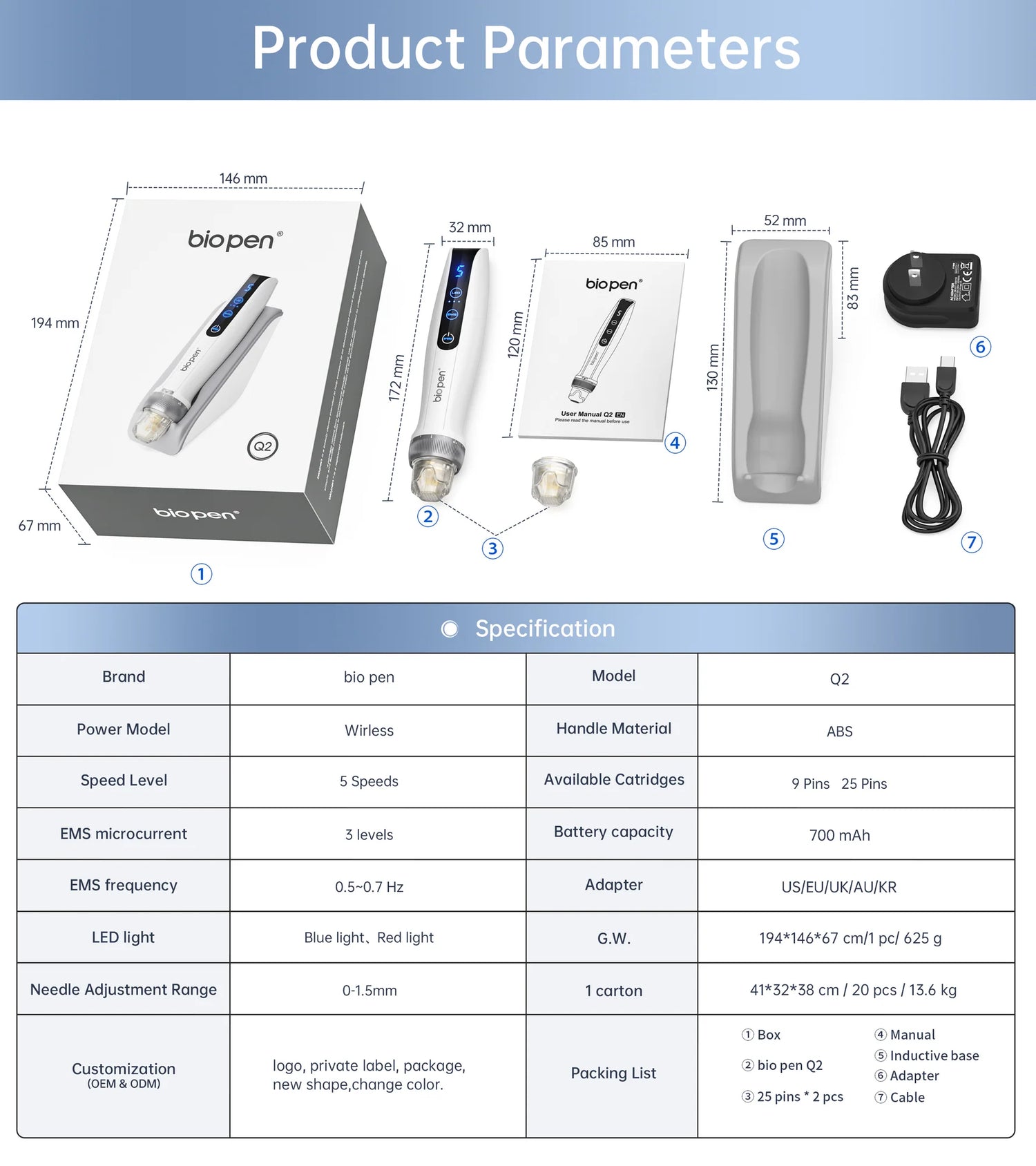 bio PEN Q2 product parameters, showing dimensions,specs,and accessories with microneedling device,700mAh battery,and 9/25 pin cartridges.