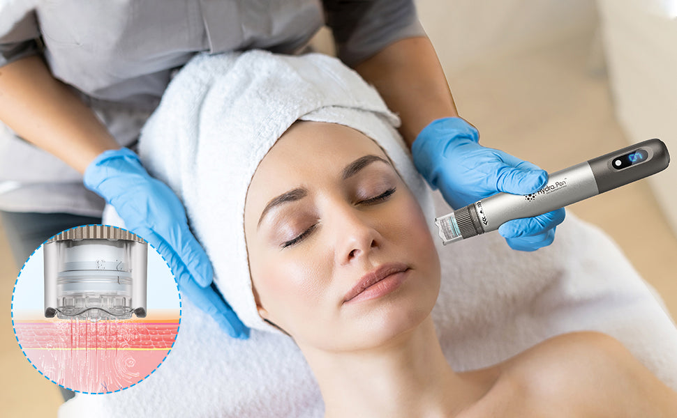 Professional esthetician performing microneedling treatment on client using Dr. Pen H3 device, featuring adjustable needle depths and wireless design for safe and effective skin therapy