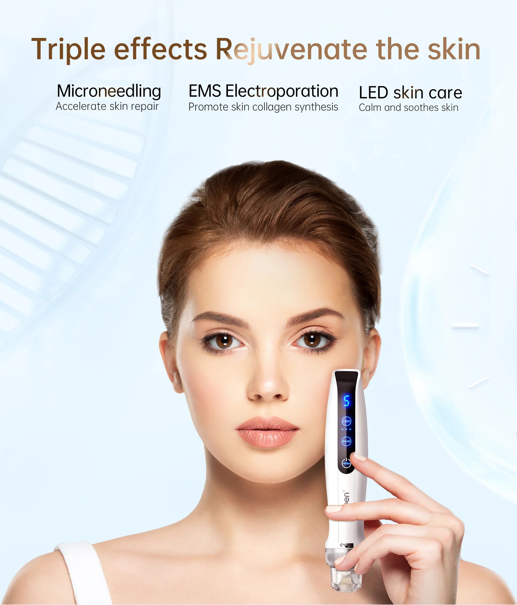 Woman using bioPEN Q2 microneedling device with EMS electroporation and LED skin care technology to rejuvenate skin,accelerating repair,boosting collagen,and soothing complexion.
