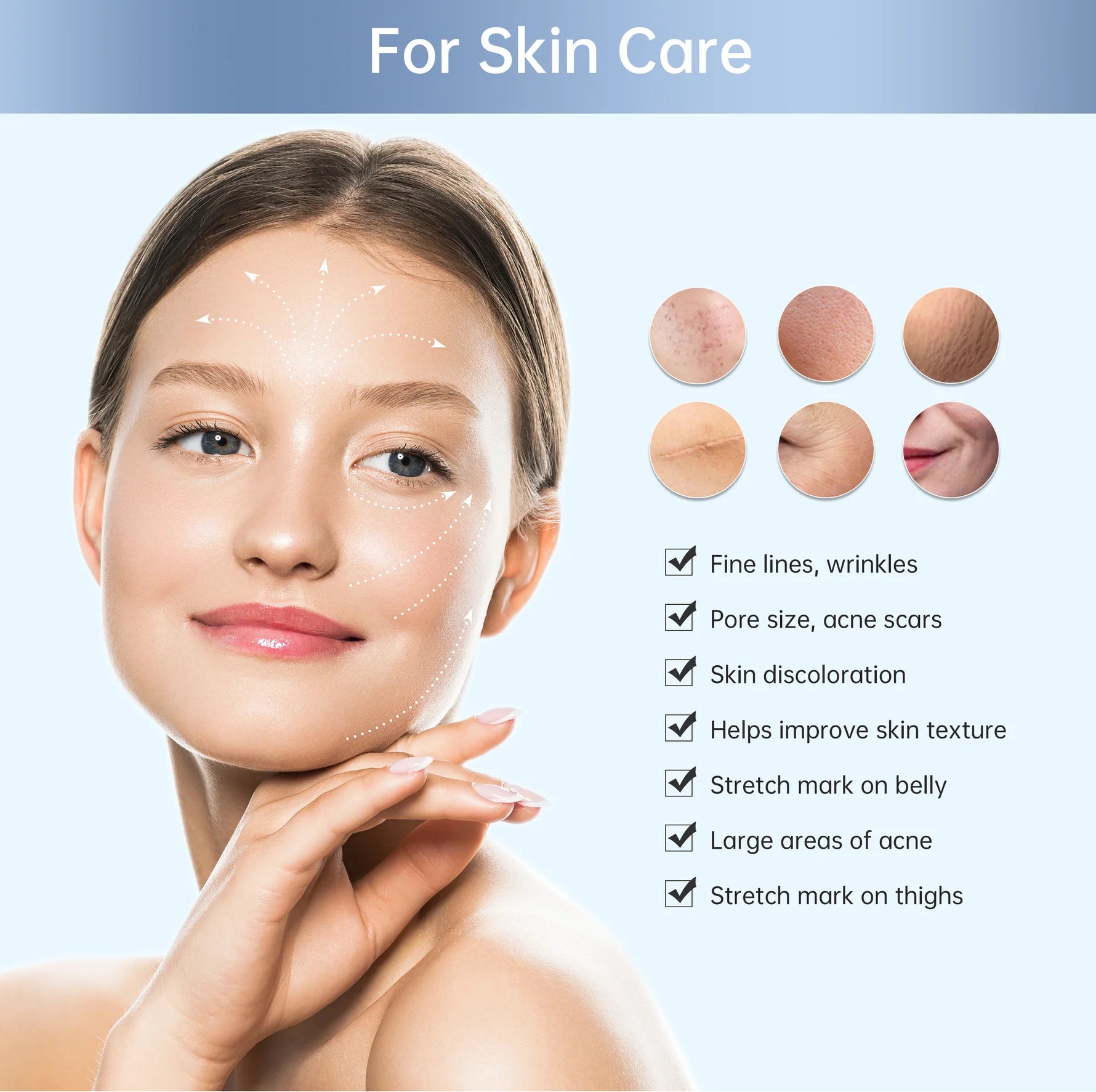 Woman showcasing bioPEN Q2 skin care results,targeting fine lines,acne scars,and stretch marks,improving texture with microneedling and LED technology.
