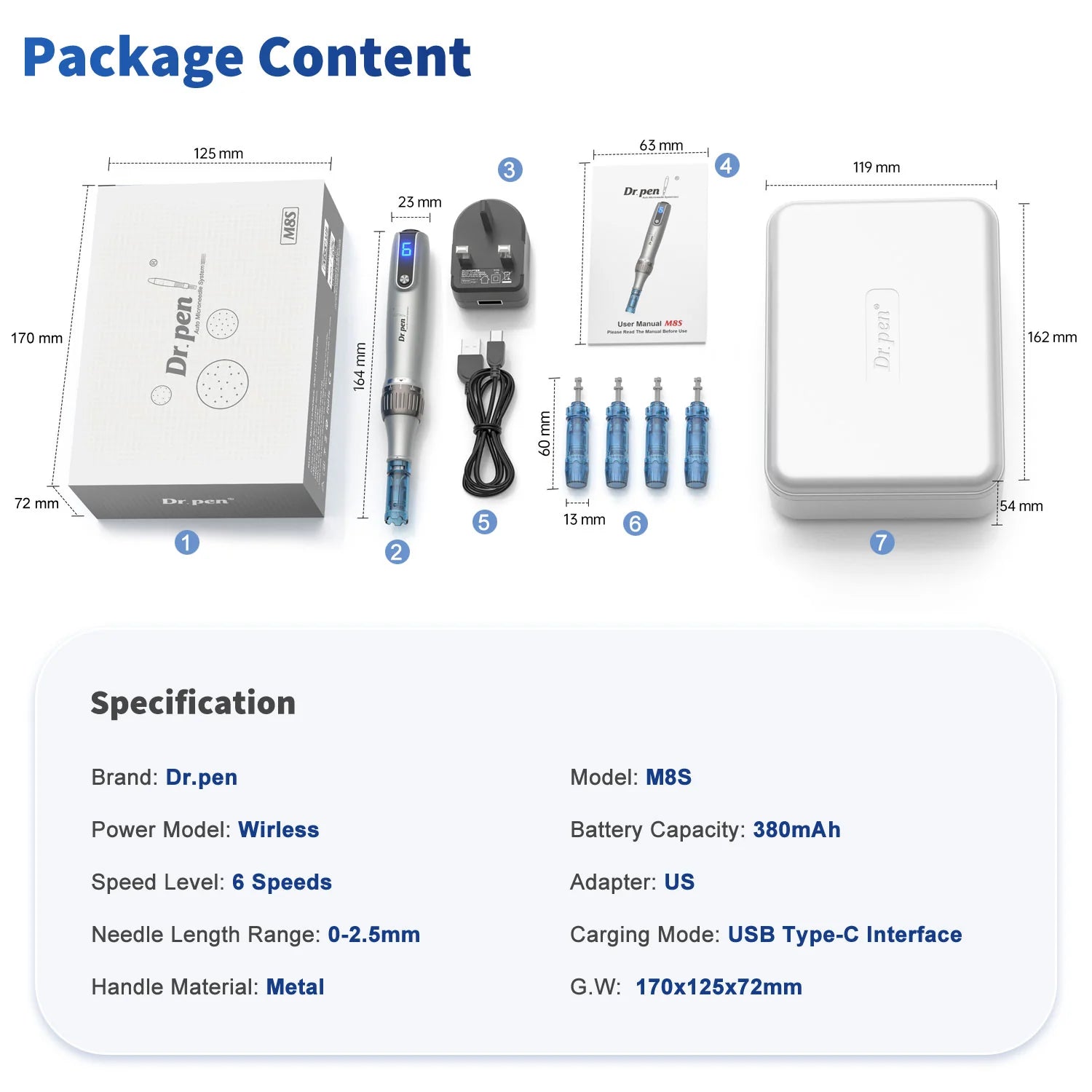 Dr. Pen M8S product packaging image showing device dimensions (164mm x 23mm), case size (162mm x 120mm), pen weight (480g), battery capacity (380mAh), and charging specifications for at-home microneedling